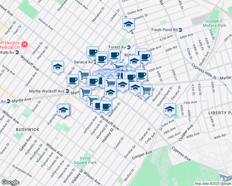 map of restaurants, bars, coffee shops, grocery stores, and more near 879 Cypress Avenue in Queens