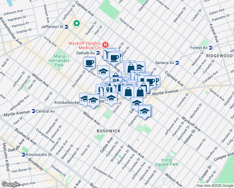 map of restaurants, bars, coffee shops, grocery stores, and more near in Brooklyn