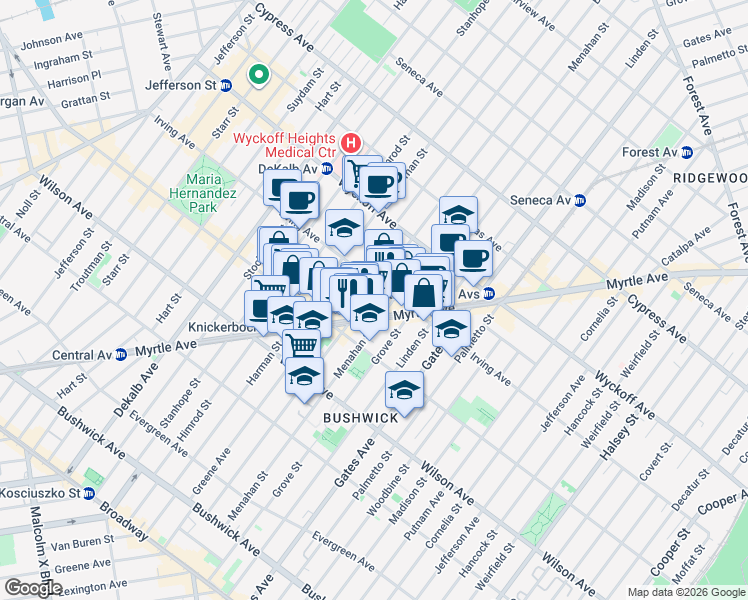 map of restaurants, bars, coffee shops, grocery stores, and more near 275 Bleecker Street in Brooklyn