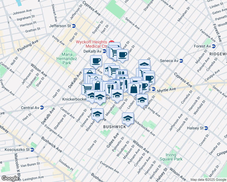 map of restaurants, bars, coffee shops, grocery stores, and more near 275 Bleecker Street in Brooklyn