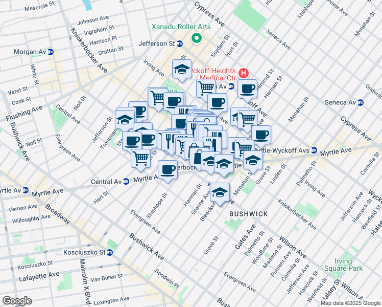 map of restaurants, bars, coffee shops, grocery stores, and more near 180 Stanhope Street in Brooklyn