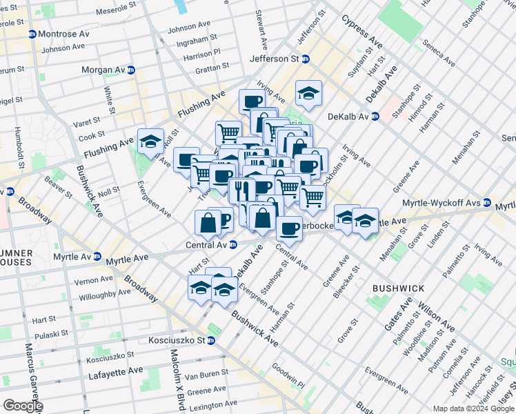 map of restaurants, bars, coffee shops, grocery stores, and more near 174 Suydam Street in Brooklyn