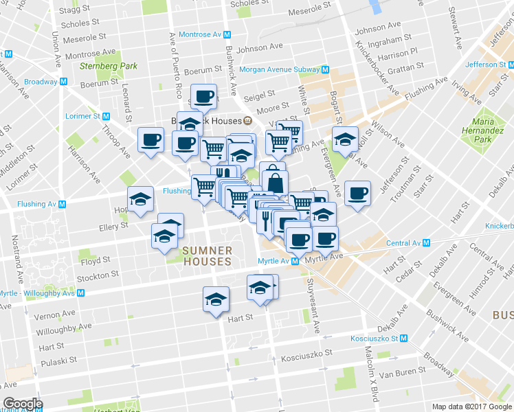 map of restaurants, bars, coffee shops, grocery stores, and more near 24 Park Street in Brooklyn