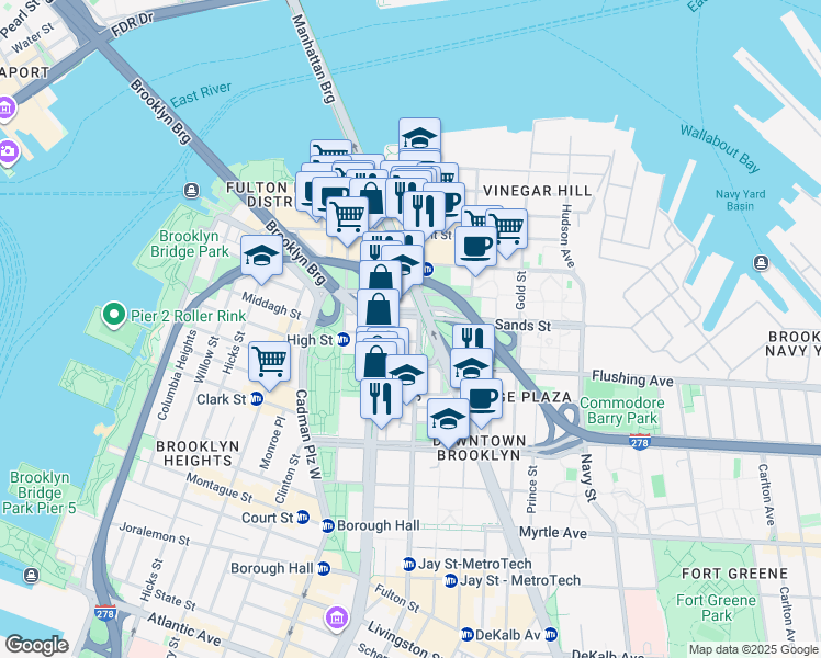 map of restaurants, bars, coffee shops, grocery stores, and more near 8769 Manhattan Bridge in Brooklyn