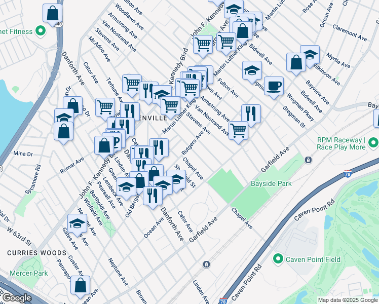 map of restaurants, bars, coffee shops, grocery stores, and more near 48 Warner Avenue in Jersey City