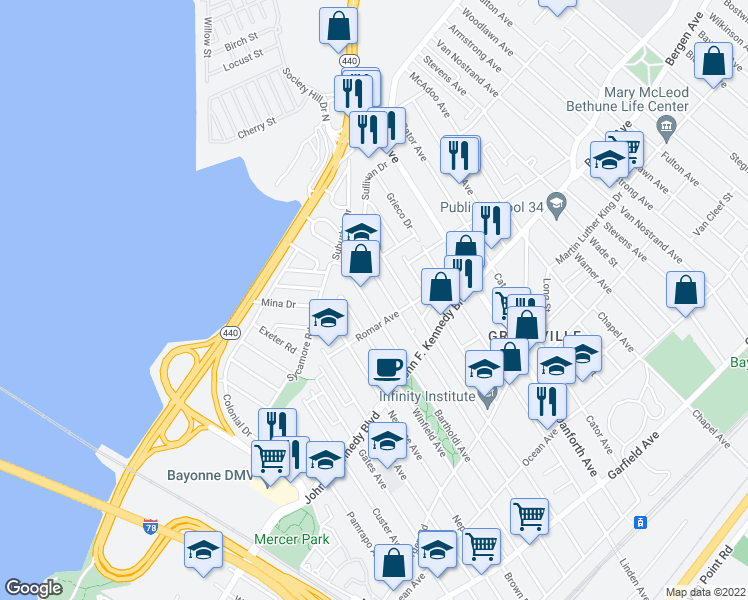 map of restaurants, bars, coffee shops, grocery stores, and more near 210 Bartholdi Avenue in Jersey City