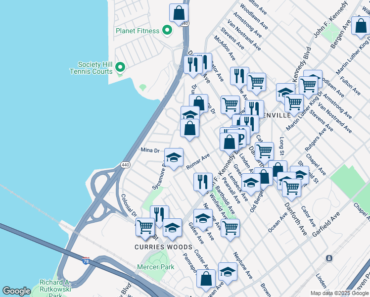 map of restaurants, bars, coffee shops, grocery stores, and more near 330 Winfield Avenue in Jersey City