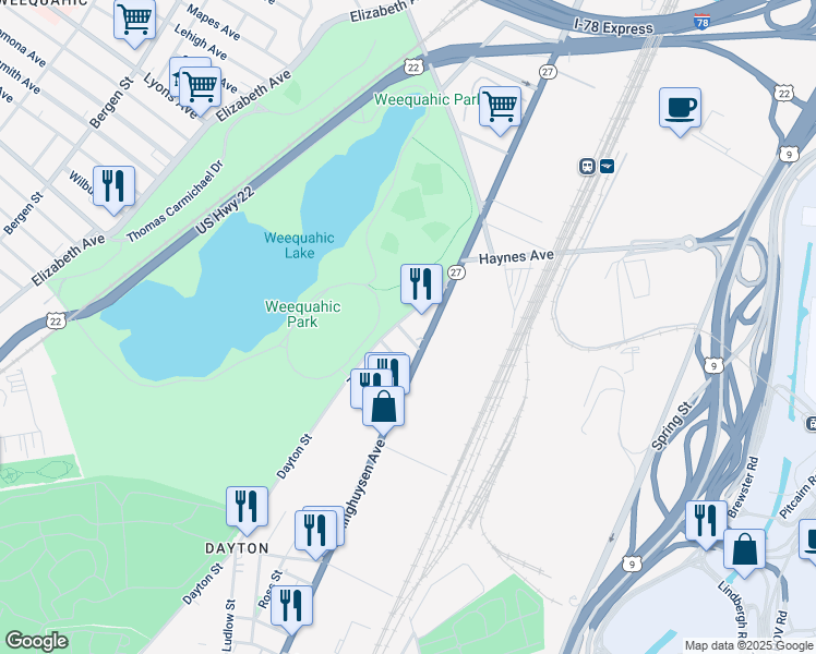 map of restaurants, bars, coffee shops, grocery stores, and more near 641 Frelinghuysen Avenue in Newark