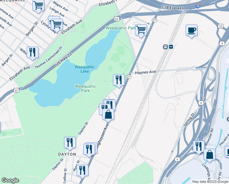 map of restaurants, bars, coffee shops, grocery stores, and more near 641 Frelinghuysen Avenue in Newark