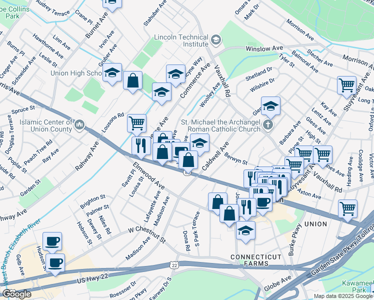 map of restaurants, bars, coffee shops, grocery stores, and more near 1040 Stone Street in Union