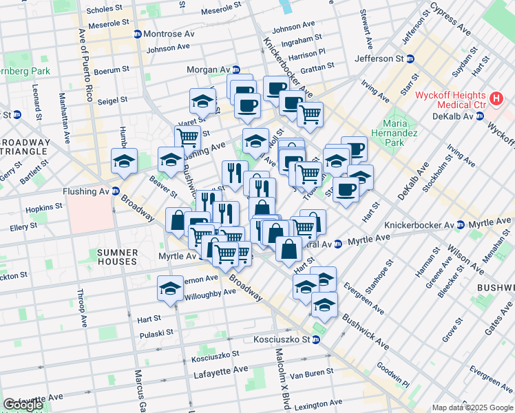 map of restaurants, bars, coffee shops, grocery stores, and more near 120 Evergreen Avenue in Brooklyn