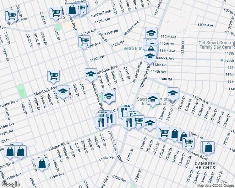 map of restaurants, bars, coffee shops, grocery stores, and more near 115-20 209th Street in Queens