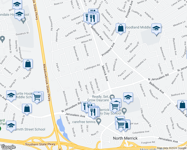 map of restaurants, bars, coffee shops, grocery stores, and more near 857 Winthrop Drive in East Meadow