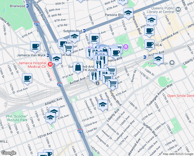 map of restaurants, bars, coffee shops, grocery stores, and more near 93-02 Sutphin Boulevard in Queens