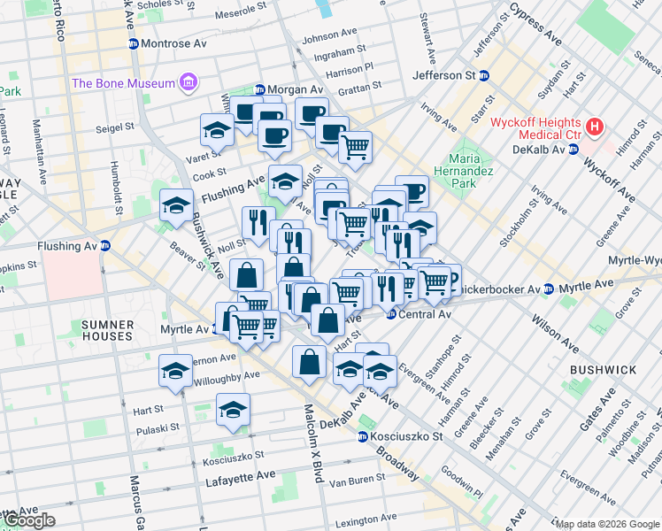 map of restaurants, bars, coffee shops, grocery stores, and more near 120 Jefferson Street in Brooklyn
