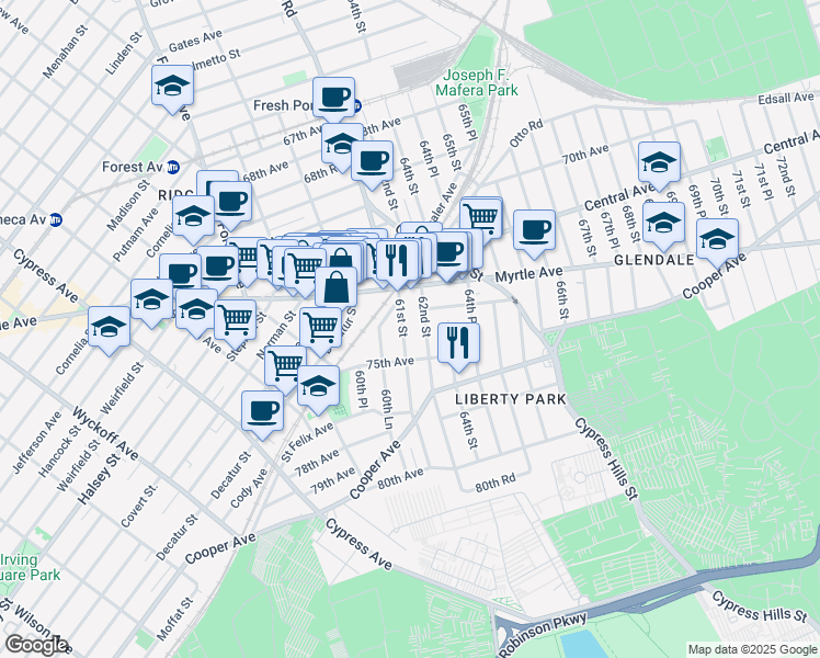 map of restaurants, bars, coffee shops, grocery stores, and more near 72-39 61st Street in Queens
