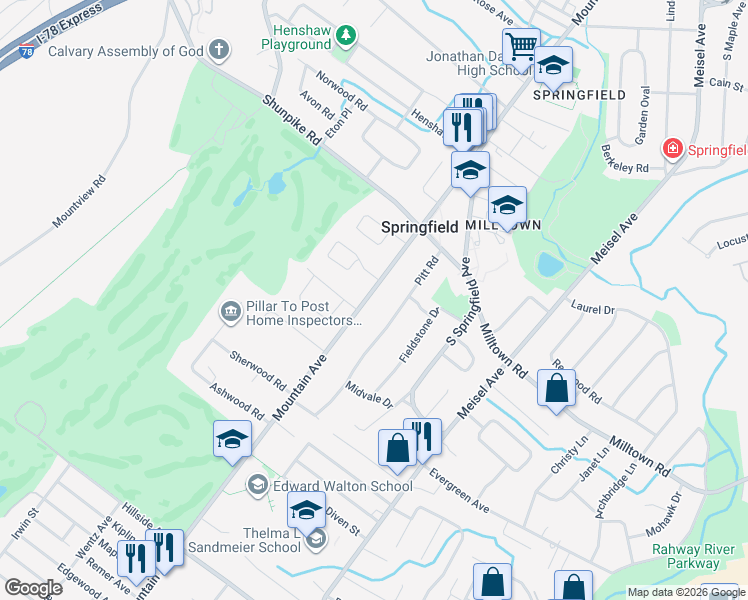 map of restaurants, bars, coffee shops, grocery stores, and more near 381 Mountain Avenue in Springfield