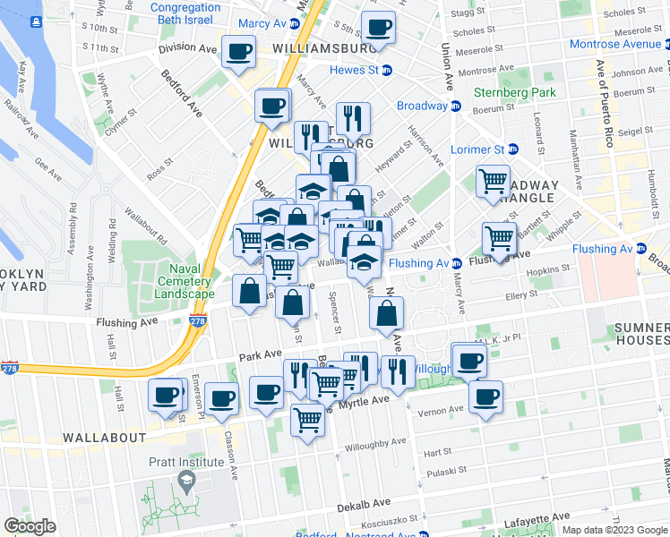 map of restaurants, bars, coffee shops, grocery stores, and more near 178 Wallabout Street in Brooklyn