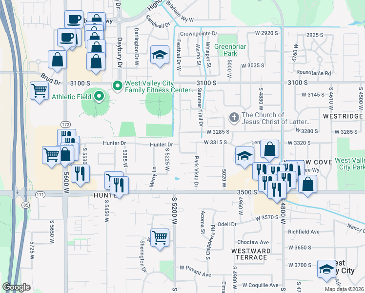map of restaurants, bars, coffee shops, grocery stores, and more near 5144 Park Springs Drive in Salt Lake City
