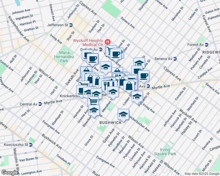 map of restaurants, bars, coffee shops, grocery stores, and more near 275 Bleecker Street in Brooklyn