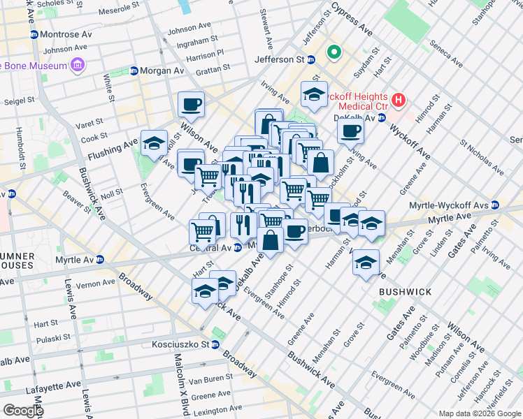 map of restaurants, bars, coffee shops, grocery stores, and more near 178 Suydam Street in Brooklyn