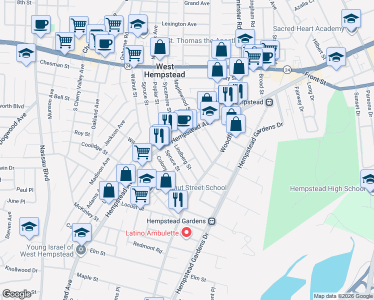 map of restaurants, bars, coffee shops, grocery stores, and more near 235 Lindberg Street in West Hempstead