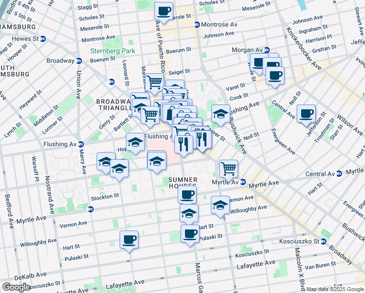 map of restaurants, bars, coffee shops, grocery stores, and more near 7 Marcus Garvey Boulevard in Brooklyn