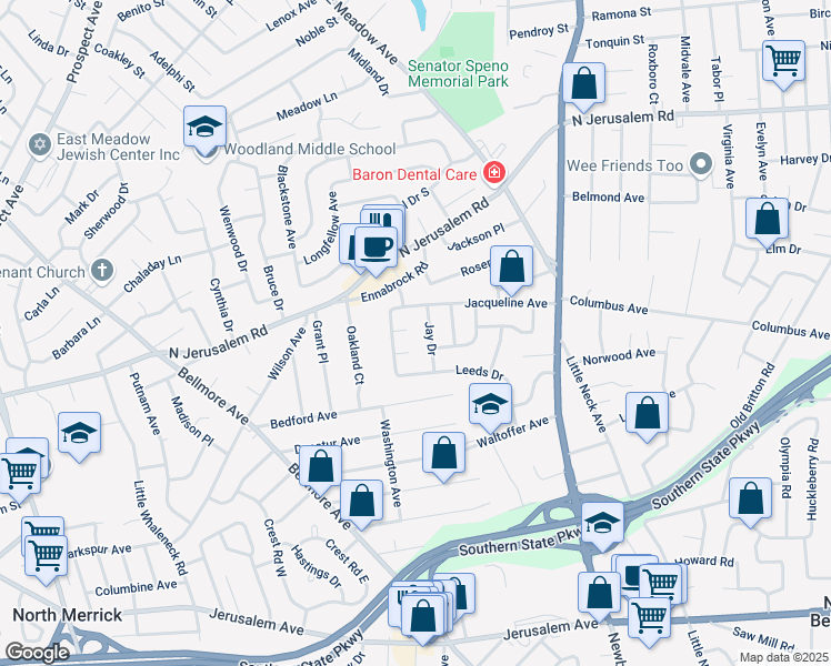 map of restaurants, bars, coffee shops, grocery stores, and more near 903 Jay Drive in North Bellmore
