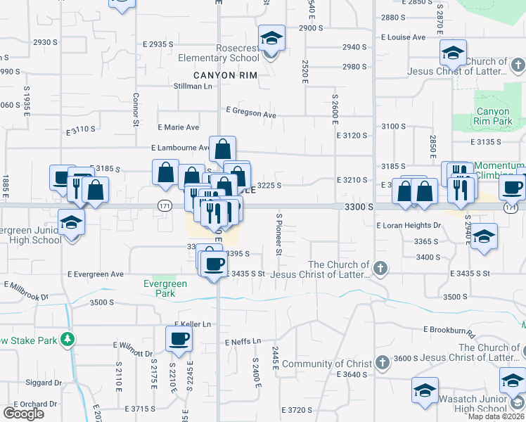 map of restaurants, bars, coffee shops, grocery stores, and more near 2404 East 3300 South in Salt Lake City