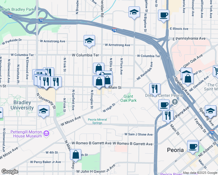 map of restaurants, bars, coffee shops, grocery stores, and more near 610 West Main Street in Peoria