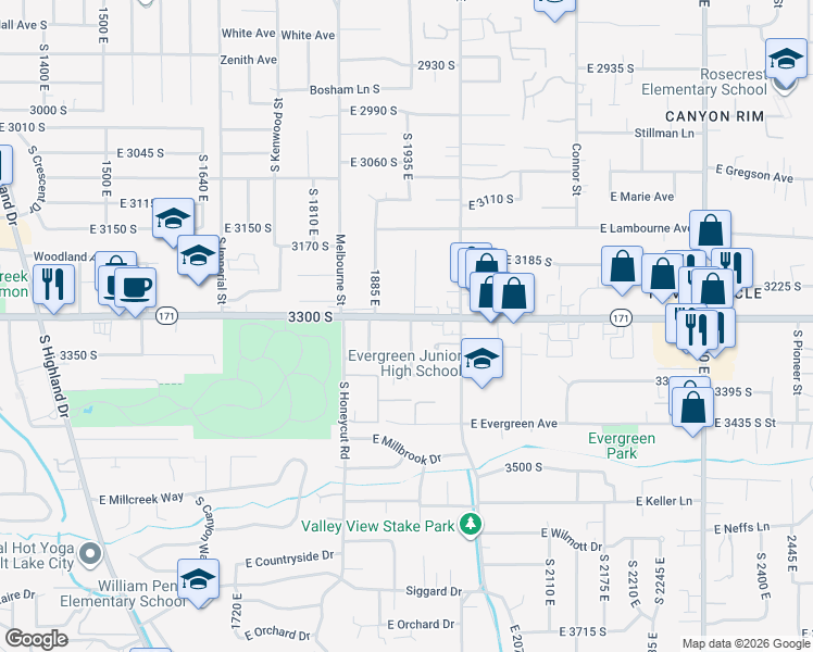 map of restaurants, bars, coffee shops, grocery stores, and more near 1960 East 3300 South in Salt Lake City