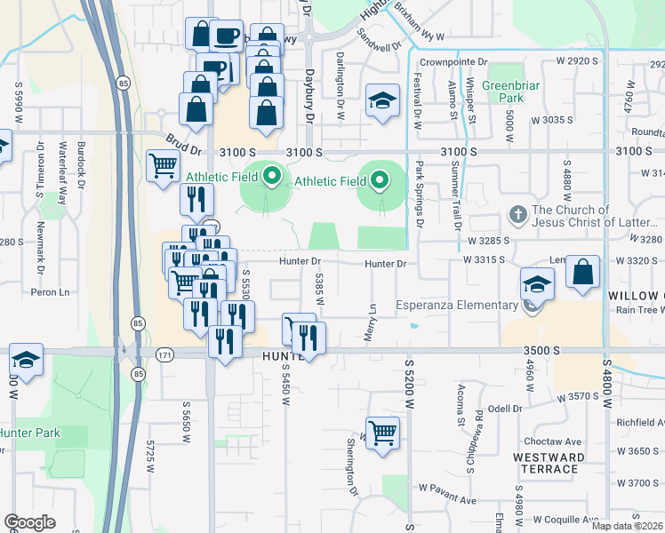 map of restaurants, bars, coffee shops, grocery stores, and more near 3337 Hunter Court in Salt Lake City
