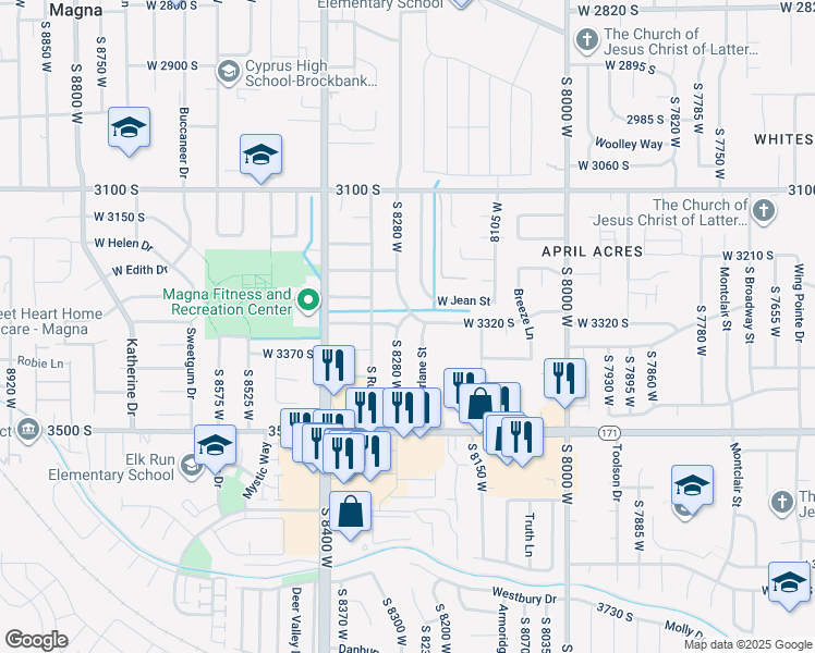 map of restaurants, bars, coffee shops, grocery stores, and more near 3333 South 8280 West in Magna