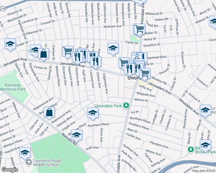 map of restaurants, bars, coffee shops, grocery stores, and more near 627 Edgemere Avenue in Uniondale