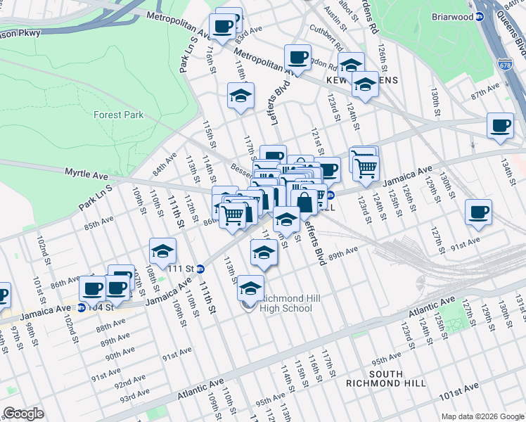 map of restaurants, bars, coffee shops, grocery stores, and more near 116-15 Jamaica Avenue in Queens