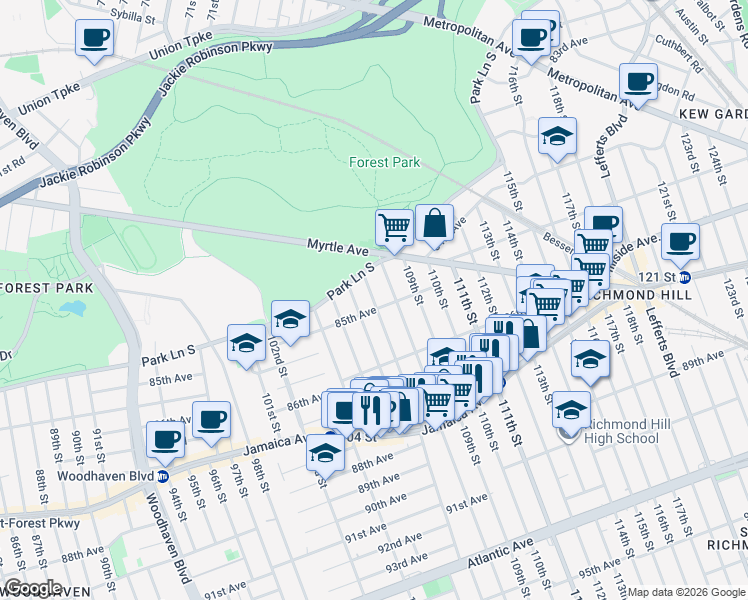 map of restaurants, bars, coffee shops, grocery stores, and more near 107-03 85th Avenue in Queens