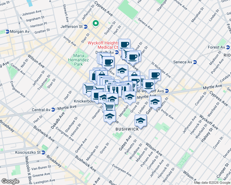 map of restaurants, bars, coffee shops, grocery stores, and more near 1333 Greene Avenue in Brooklyn