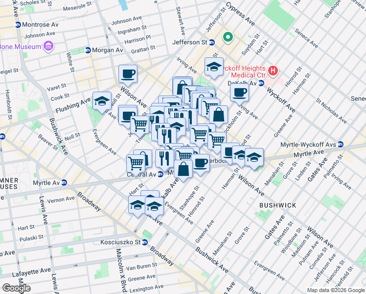 map of restaurants, bars, coffee shops, grocery stores, and more near 172 Suydam Street in Brooklyn