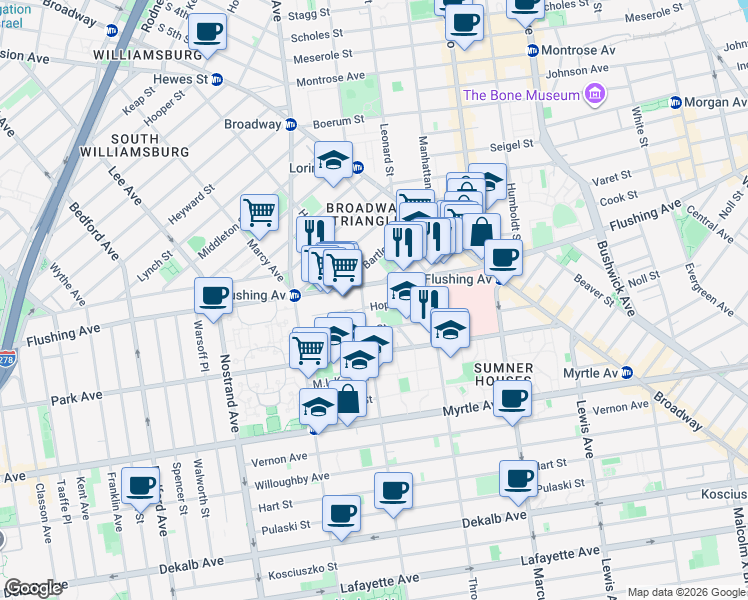 map of restaurants, bars, coffee shops, grocery stores, and more near 135 Hopkins Street in Brooklyn