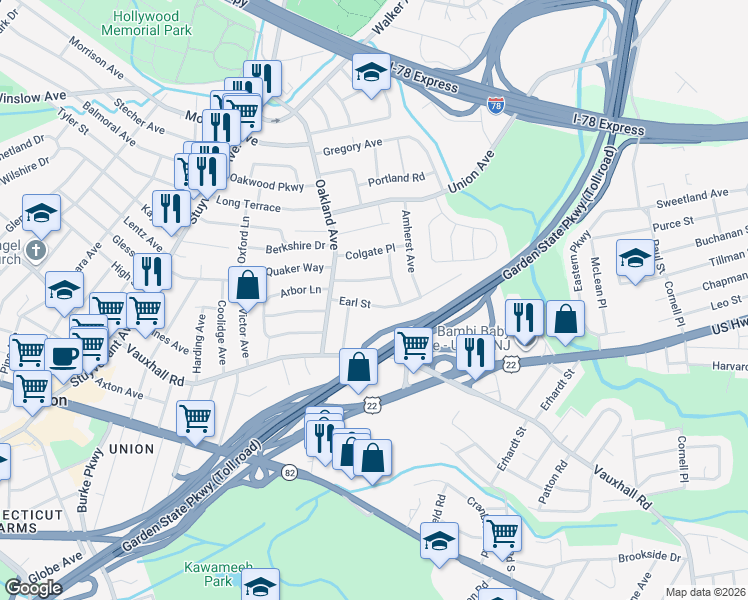 map of restaurants, bars, coffee shops, grocery stores, and more near 1745 Earl Street in Union
