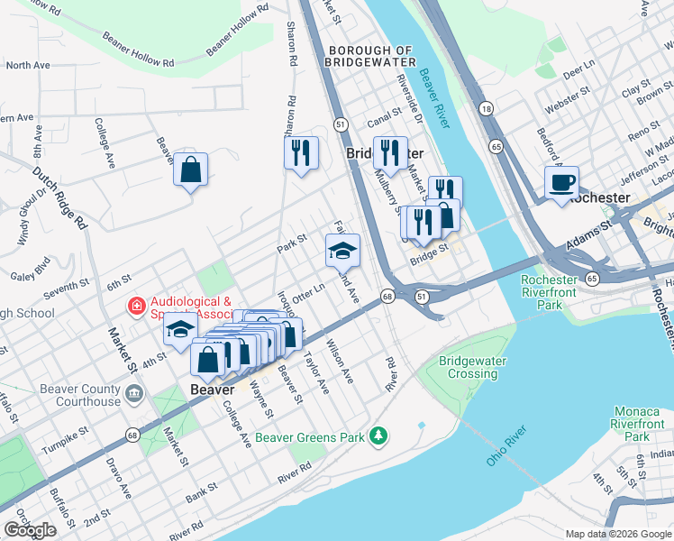 map of restaurants, bars, coffee shops, grocery stores, and more near 235 4th Street in Beaver