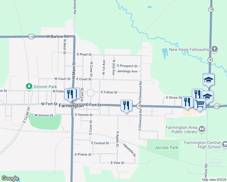 map of restaurants, bars, coffee shops, grocery stores, and more near 301-599 E Fulton St in Farmington