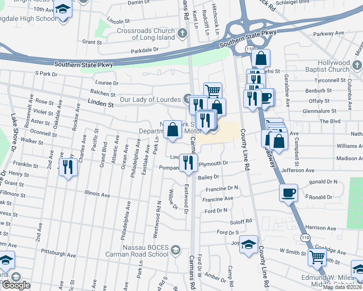 map of restaurants, bars, coffee shops, grocery stores, and more near 12 Joan Lane in Massapequa Park