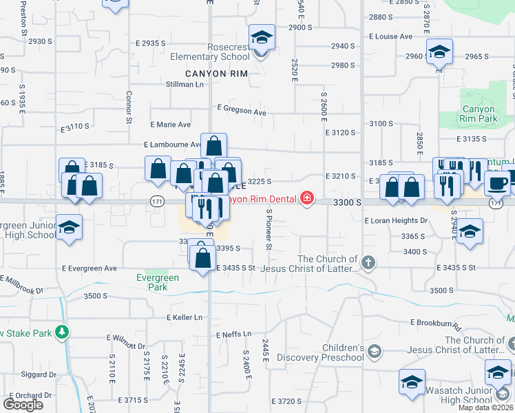 map of restaurants, bars, coffee shops, grocery stores, and more near 2420 East 3300 South in Salt Lake City
