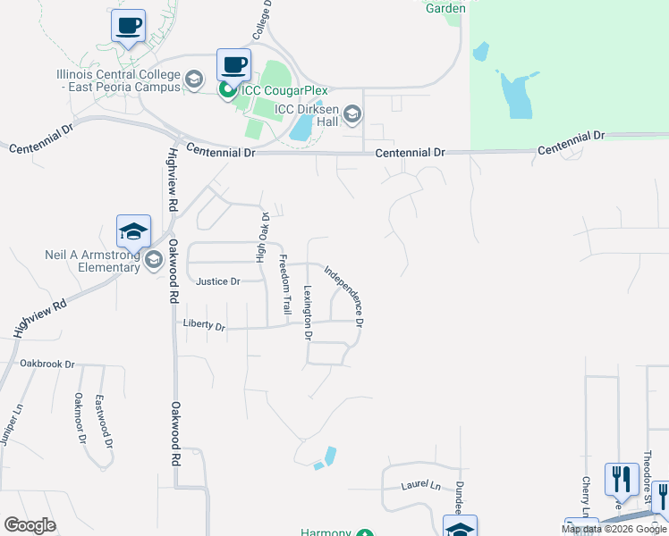 map of restaurants, bars, coffee shops, grocery stores, and more near 217 Independence Drive in East Peoria