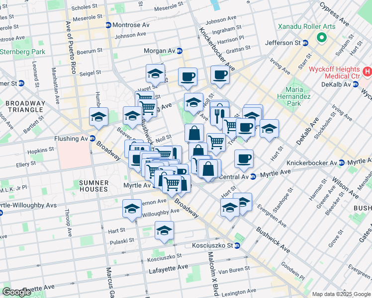 map of restaurants, bars, coffee shops, grocery stores, and more near 123 Melrose Street in Brooklyn