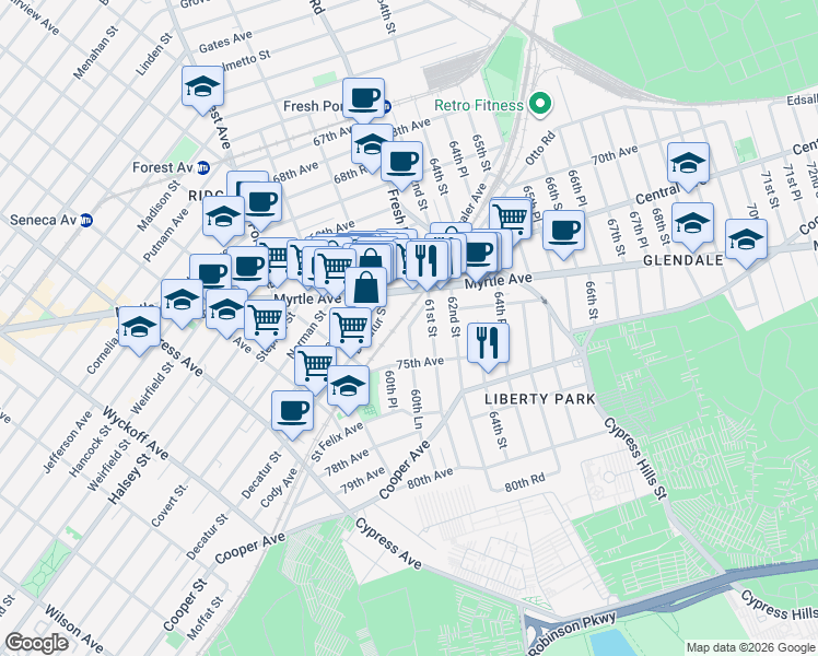 map of restaurants, bars, coffee shops, grocery stores, and more near 72-44 61st Street in Queens