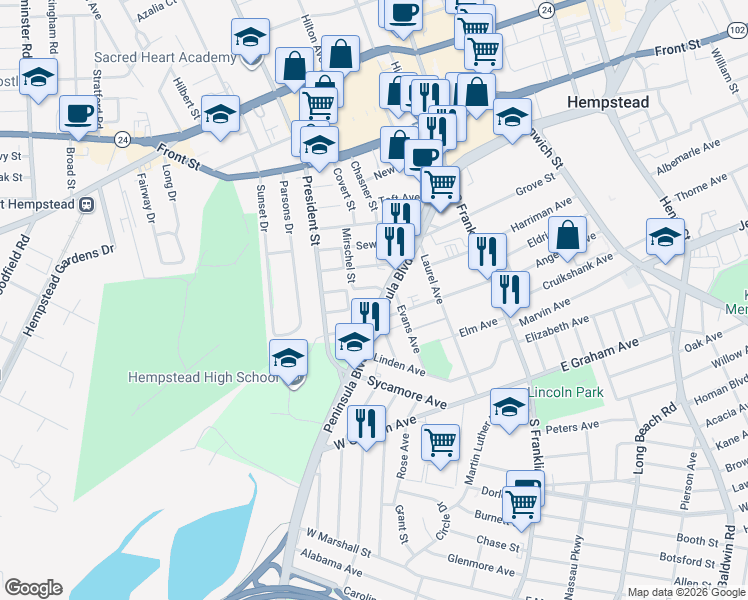 map of restaurants, bars, coffee shops, grocery stores, and more near 528 West Peninsula Boulevard in Hempstead