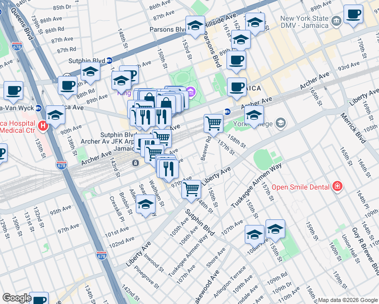 map of restaurants, bars, coffee shops, grocery stores, and more near 148-13 95th Avenue in Queens