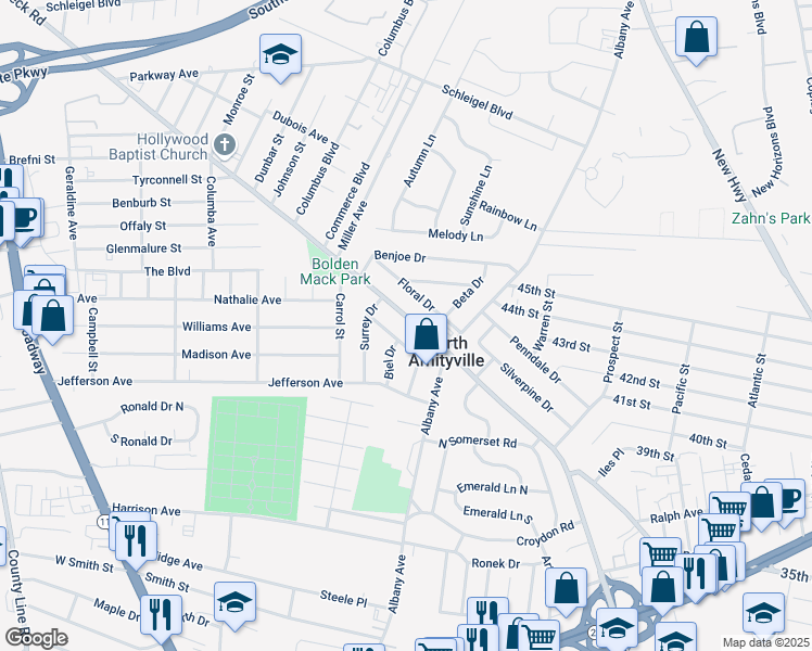 map of restaurants, bars, coffee shops, grocery stores, and more near 3405 Great Neck Road in Amityville